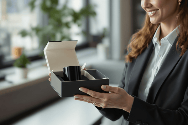 A professional woman unboxing a custom corporate candle gift from Terradomi.